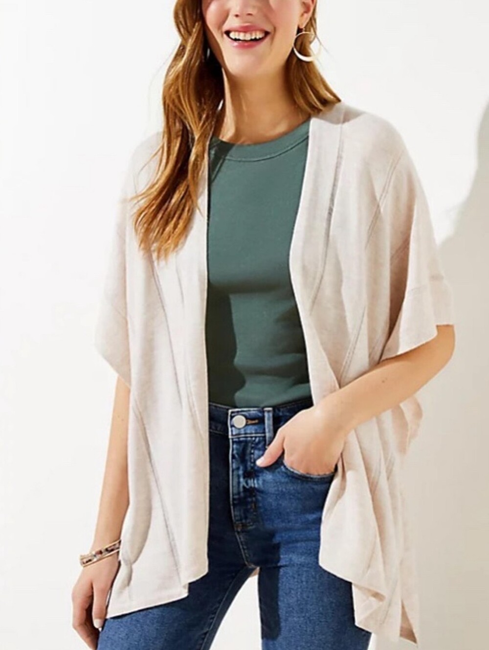 LOFT Oatmeal Textured Ribbed Stripe Open Front Kimono Cardigan Size XS/S